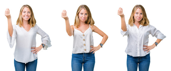 Collage of beautiful blonde woman over white isolated background Doing Italian gesture with hand and fingers confident expression