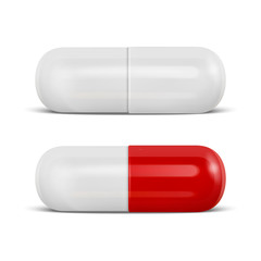 Vector 3d Realistic White and Red Medical Pill Icon Set Closeup Isolated on White Background. Design template of Pills, Capsules for graphics, Mockup. Medical and Healthcare Concept. Front View
