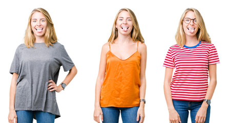 Fototapeta premium Collage of beautiful blonde woman over white isolated background sticking tongue out happy with funny expression. Emotion concept.