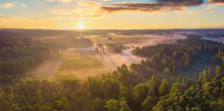 Beautiful foggy morning landscape photographed from above