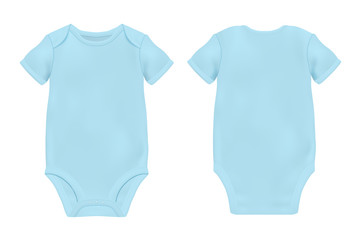 Vector Realistic Blue Blank Baby Bodysuit Template, Mock-up Closeup Isolated on White Background. Front and Back Side. Body children, baby shirt, onesie. Accessories, clothes for newborns. Top view