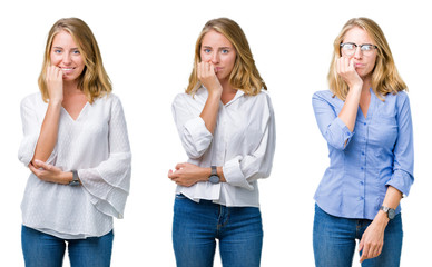 Obraz premium Collage of beautiful blonde business woman over white isolated background looking stressed and nervous with hands on mouth biting nails. Anxiety problem.