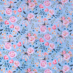 Fototapeta na wymiar Romantic Roses on the Blue Background, Floral Pattern