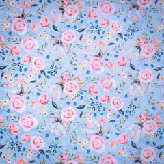 Romantic Roses on the Blue Background, Floral Pattern