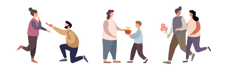 Set of characters in different poses for family holidays. Young man presents wedding ring to his girlfriend. The child gives gift to his mother. Happy couple in love with flowers. Vector illustration.