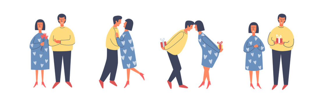 A set of characters in different poses for Valentine's Day. Happy couple in love hugging or dancing. Young people give each other gifts, surprises. Vector flat illustration.