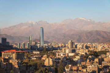 Aerial view of Santiago skyline at sunset with Andes Mountains - Santiago, Chile