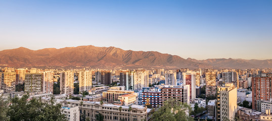 Panoramic aerial view of downtown Santiago with Andes mountains on background - Santiago, Chile