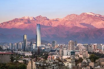 Aaerial view of Santiago skyline at sunset with Andes Mountains - Santiago, Chile - obrazy, fototapety, plakaty