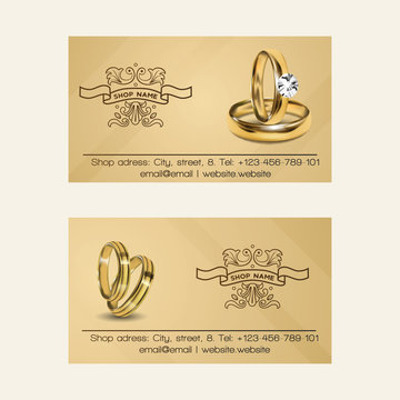 Wedding Rings Vector Wed Shop Business Card Of Engagement Symbol Gold Jewellery For Proposal Marriage Sign Business-card Backdrop Illustration Set Background