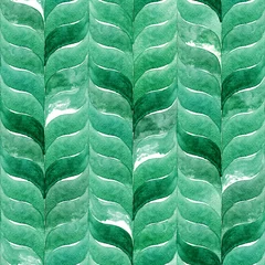 Plaid avec motif Feuilles géométriques Fond vert aquarelle avec des feuilles ondulées incurvées. Modèle sans couture abstrait