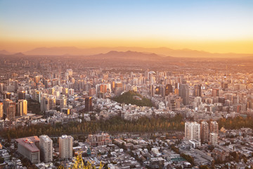 Aerial view of downtown Santiago at sunset - Santiago, Chile