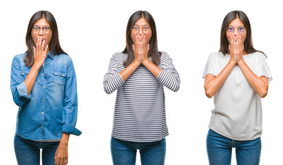 Fototapeta premium Collage of asian young woman standing wearing glasses over white isolated background shocked covering mouth with hands for mistake. Secret concept.
