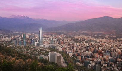Aerial view of Santiago skyline at sunset - Santiago, Chile