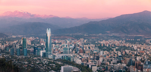 Aerial view of Santiago skyline at sunset - Santiago, Chile