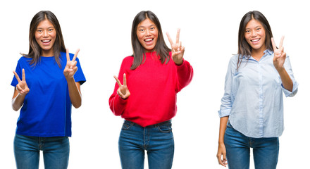 Obraz premium Collage of asian young woman standing over white isolated background smiling looking to the camera showing fingers doing victory sign. Number two.