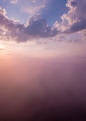 Beautiful foggy sunrise landscape from drone.