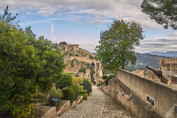 Fototapeta na wymiar View inside the castle of Xativa, which is a medieval, tourist and ancient castle, located on a mountain and used in the past to defend the city of Xativa in Valencia, Spain, Europe.