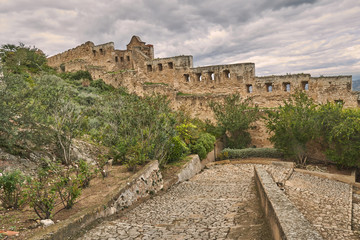 Fototapeta na wymiar View inside the castle of Xativa, which is a medieval, tourist and ancient castle, located on a mountain and used in the past to defend the city of Xativa in Valencia, Spain, Europe.