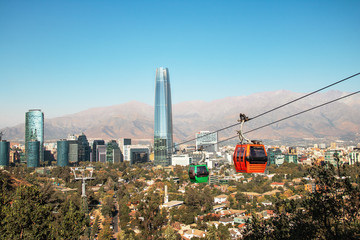 Santiago Metropolitan Park Cable Car and Santiago aerial skyline - Santiago, Chile - obrazy, fototapety, plakaty