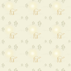 Seamless yellow background with camels, sand, cacti and sun in pastel colors