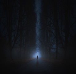 Surreal horror scene with alone strange man in dark night forest - 243586372