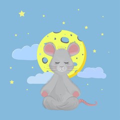 the mouse sits in a Lotus position and meditates behind his Moon in the form of cheese 