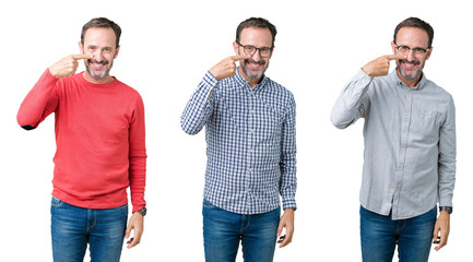 Collage of handsome senior man over white isolated background Pointing with hand finger to face and nose, smiling cheerful