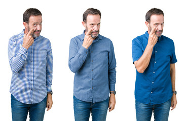 Collage of handsome senior man over white isolated background Pointing to the eye watching you gesture, suspicious expression