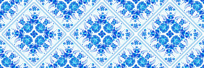 Blue geometrical seamless pattern with painted floral elements in ceramic tiles style