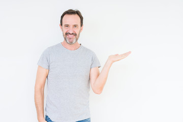 Handsome senior man over isolated background smiling cheerful presenting and pointing with palm of hand looking at the camera.