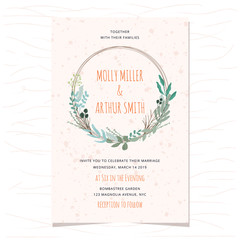 wedding invitation card with beautiful leaves wreath