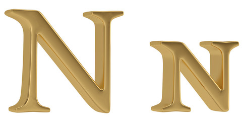Gold metal n alphabet isolated on white background 3D illustration.