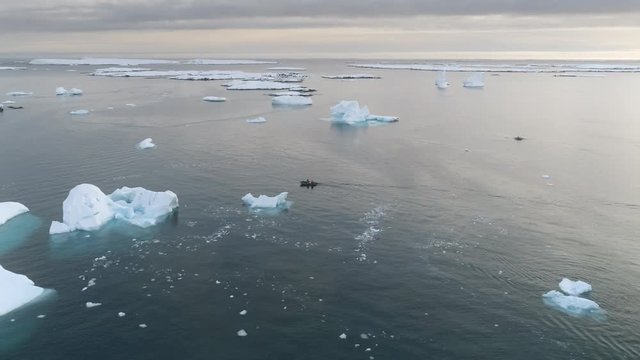 Zodiac Boat Sail Glacier Ocean Tracking Pan Shot. Drone Flight Above Science Rubber Boat Sail in North Winter Open Water . South Pole Seascape Footage Shot in 4K (UHD)