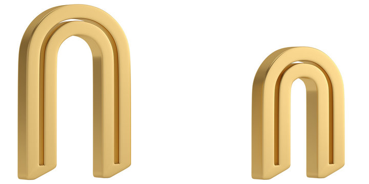 Gold metal n alphabet isolated on white background 3D illustration.
