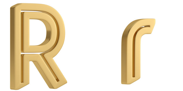Gold metal r alphabet isolated on white background 3D illustration.