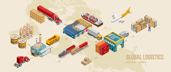 Arrows connecting various steps of delivery service as part of global logistics on world map