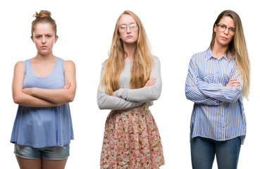 Fototapeta premium Collage of group of blonde women over isolated background skeptic and nervous, disapproving expression on face with crossed arms. Negative person.