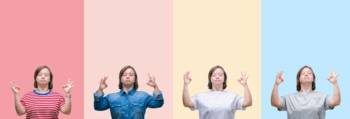 Collage of down syndrome woman over colorful stripes isolated background relax and smiling with eyes closed doing meditation gesture with fingers. Yoga concept.