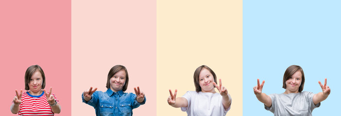Collage of down syndrome woman over colorful stripes isolated background smiling looking to the camera showing fingers doing victory sign. Number two.