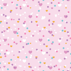 Cute confetti hearts seamless repeat pattern. Great for Valentines Day or wedding invitations, cards, backgrounds, gifts, packaging design projects. Surface pattern design.