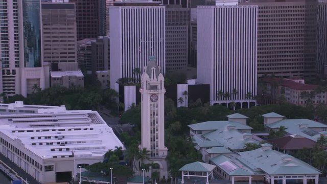 Honolulu, Oahu, Hawaii circa-2018.  Aerial view of Aloha Tower in Honolulu, Hawaii.  Shot with Cineflex and RED Epic-W Helium. 