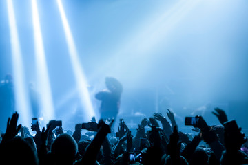 Musical concert. People in the concert hall at the disco . Singer in front of the audience. Fans at the concert. Blurred image / blurred photo.