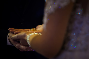 Par de alianças colocadas em cima da mão dos noivos no dia do casamento para serem abençoadas na cerimônia - obrazy, fototapety, plakaty