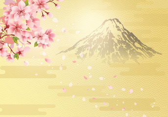 Japanese traditional golden background and Mount Fuji and cherry blossom. Vector illustration.
