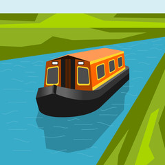 Three-Quarter Top Front Side Oblique View Canal Boat on Calm Blue River Water Vector Illustration for Artwork of Transportation or Recreation of United Kingdom or Europe Related Design