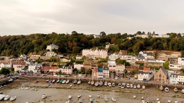Aerial drone footage of St Aubin's, Jersey. St Aubin is a port in the Channel Island of Jersey. St Aubin is the hub of the parish of St Brelade.