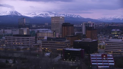 Anchorage, Alaska circa-2018. Aerial view of Anchorage, Alaska at dusk. Shot from helicopter with Cineflex gimbal and RED Epic-W camera.
