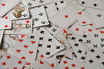 Playing cards, board games, background of random playing cards.