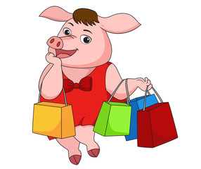 Girl pig shopping in New year day.Vector and illustration.